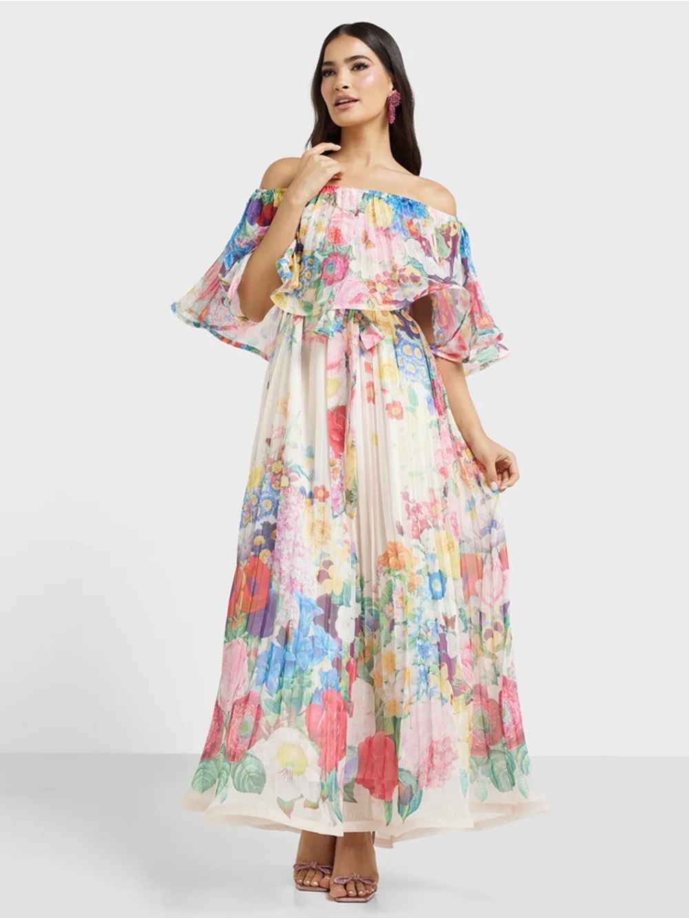 Floral Off-Shoulder Pleated Maxi Dress in Multicolor